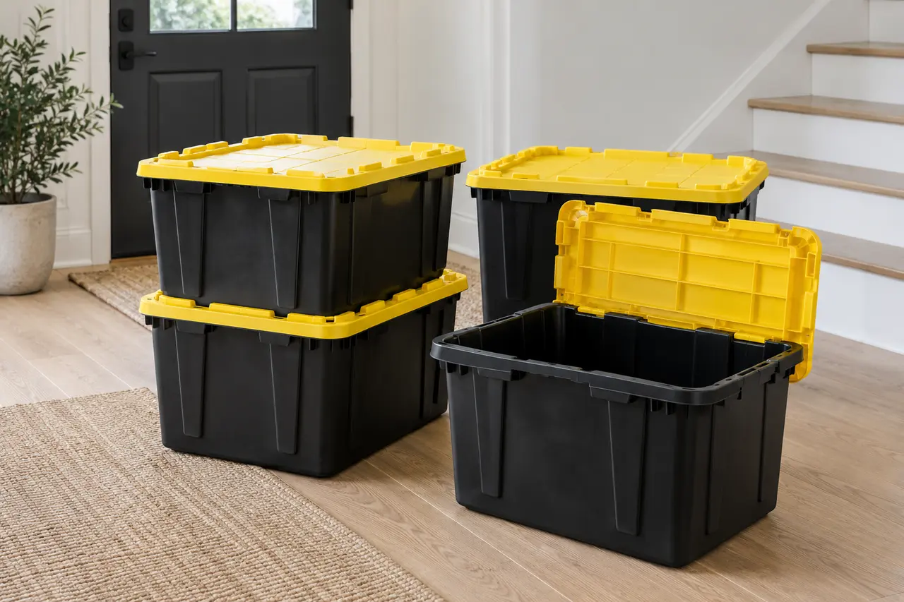 Clean black moving totes with yellow lids stacked and ready to pack
